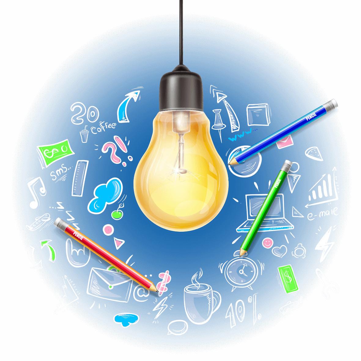 illustration d'une ampoule qui illumine le fond du site et fait apparaître des icônes blancs représentant les idées diverses de sa réflexion avec la présence de 3 crayons de couleurs bleu, rouge et vert.